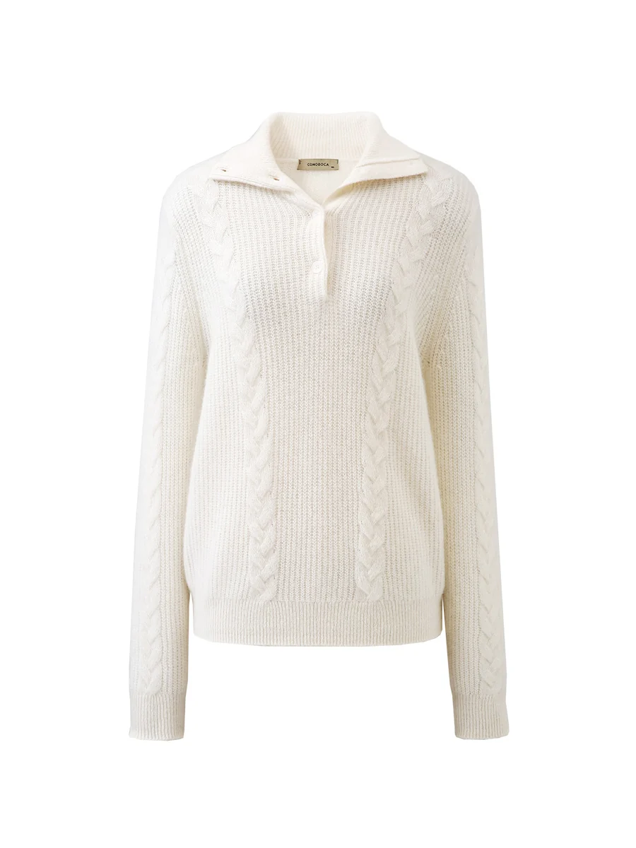 100% Cashmere Women's Button Neck Cable Knit Sweater - Image 3