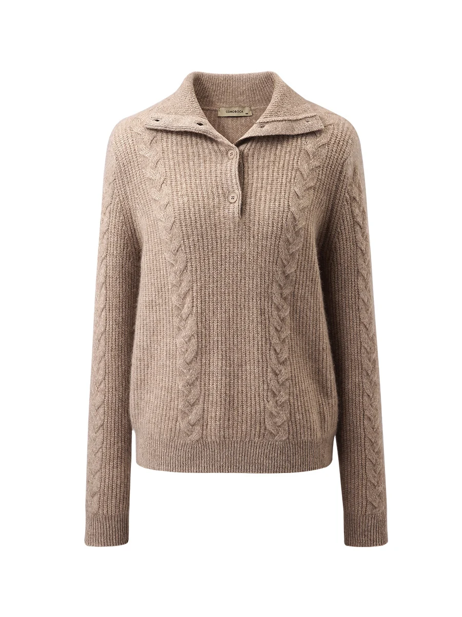 100% Cashmere Women's Button Neck Cable Knit Sweater - Image 6