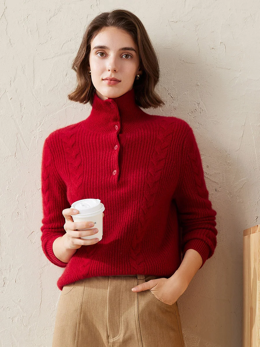 100% Cashmere Women's Button Neck Cable Knit Sweater - Image 7