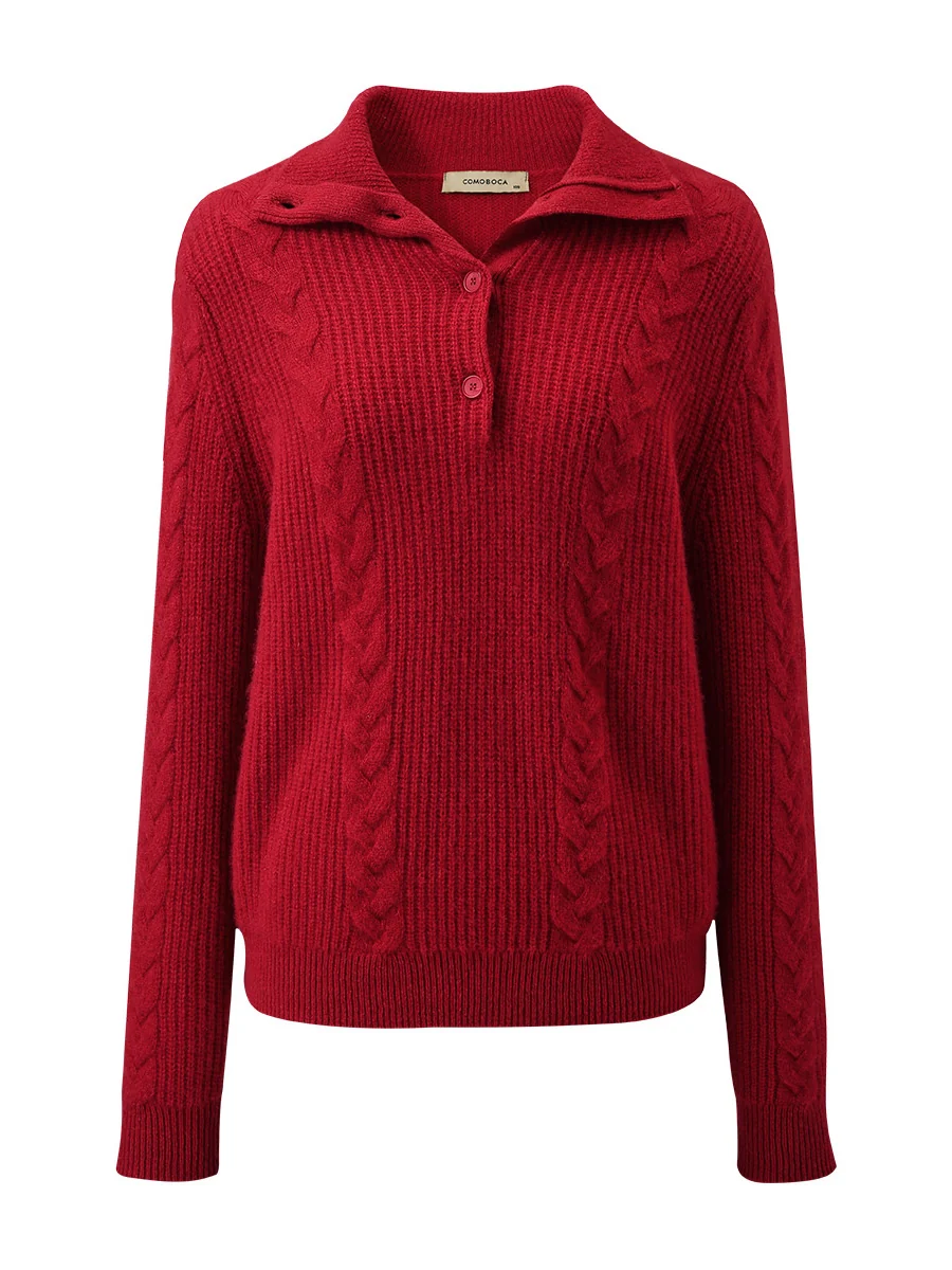 100% Cashmere Women's Button Neck Cable Knit Sweater - Image 9