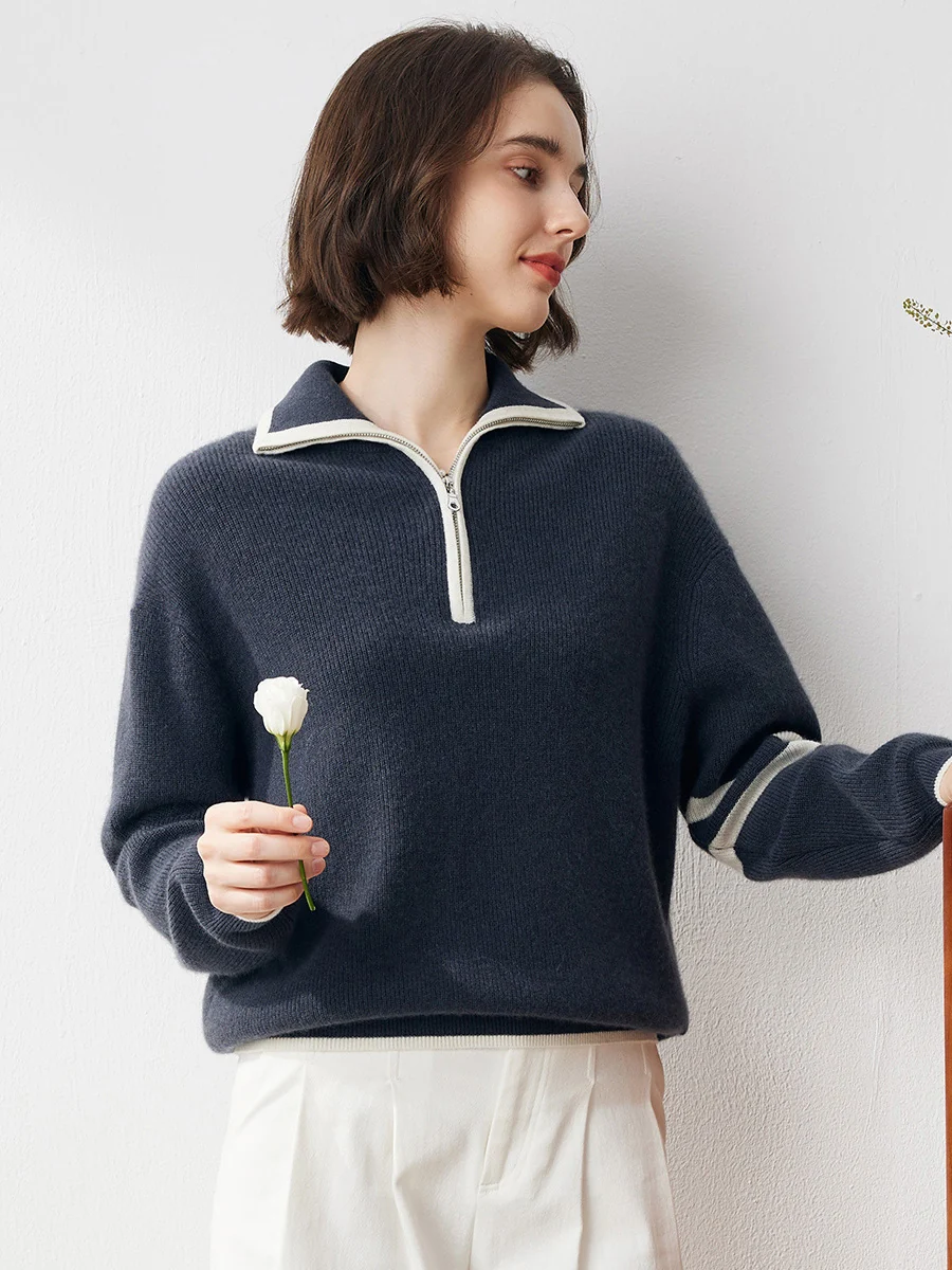 100% Cashmere Women's Contrast Trim Zip Sweater - Image 12