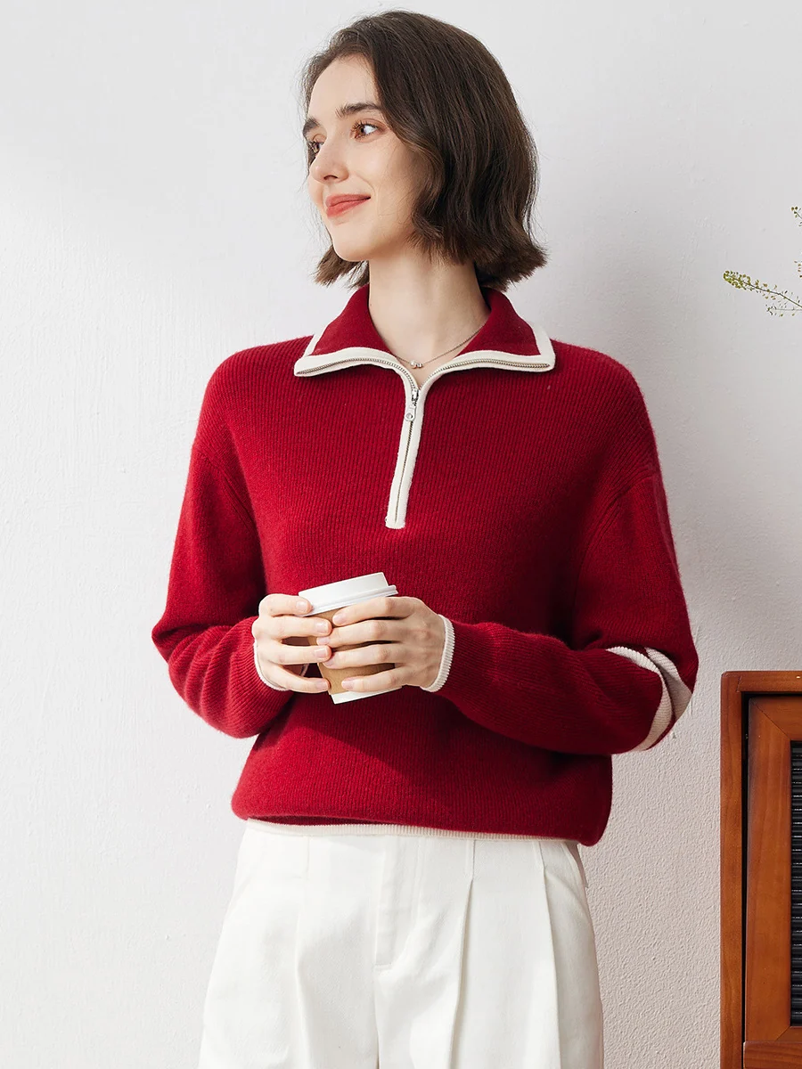 100% Cashmere Women's Contrast Trim Zip Sweater - Image 14