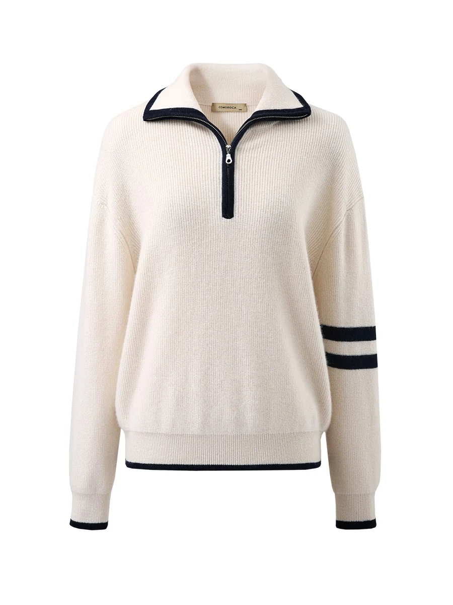 100% Cashmere Women's Contrast Trim Zip Sweater - Image 4