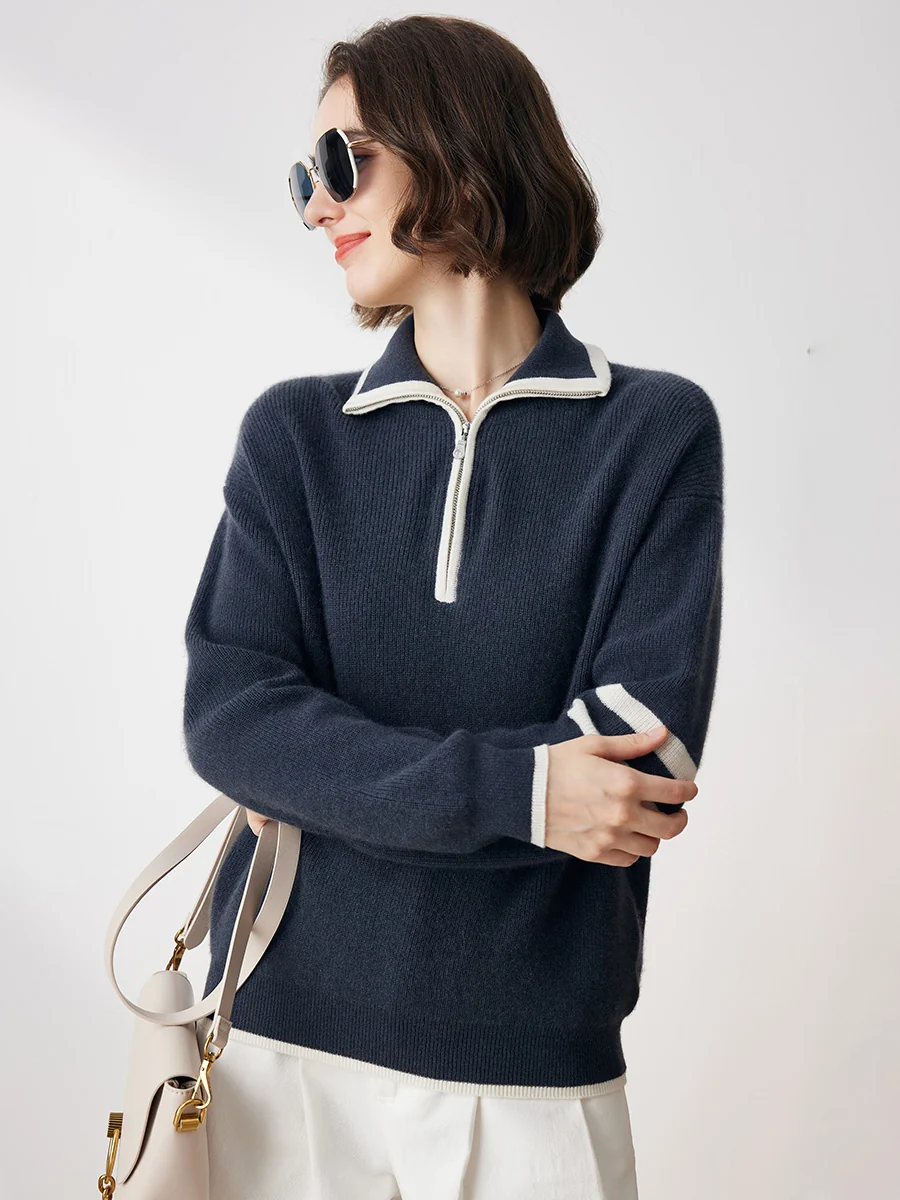 100% Cashmere Women's Contrast Trim Zip Sweater - Image 5