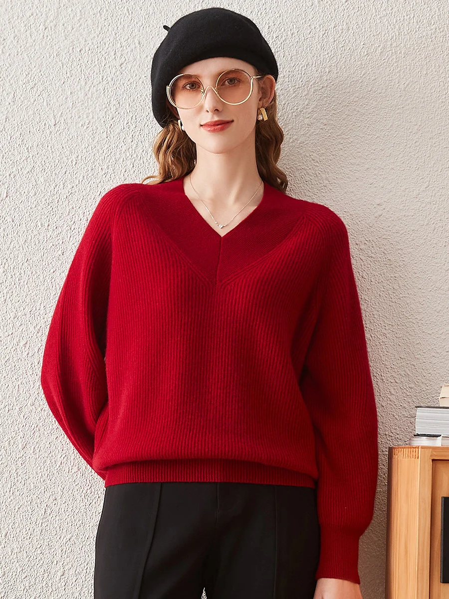 100% Cashmere Women's Lantern Sleeve V-Neck Knit Sweater - Image 16