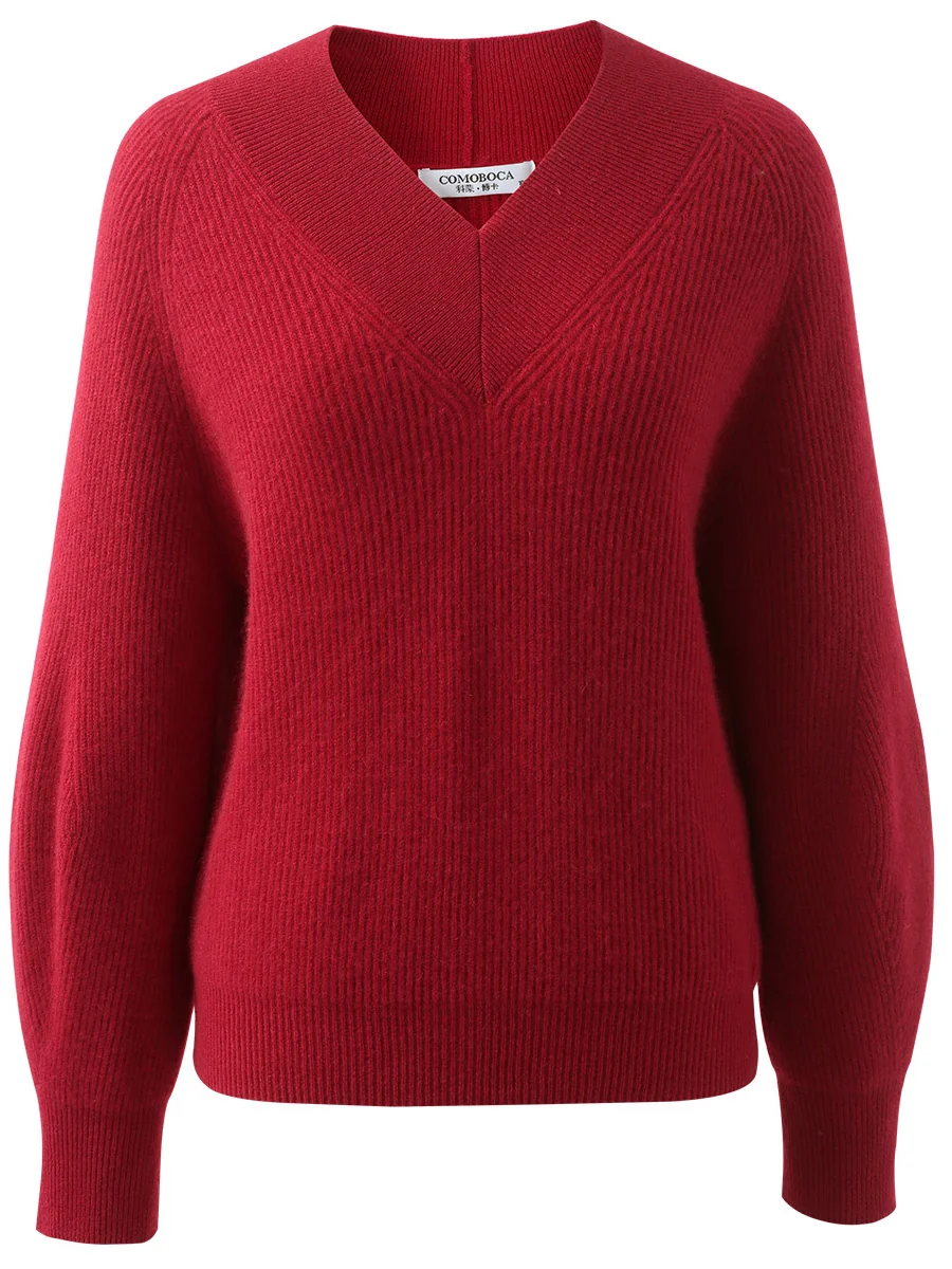100% Cashmere Women's Lantern Sleeve V-Neck Knit Sweater - Image 18