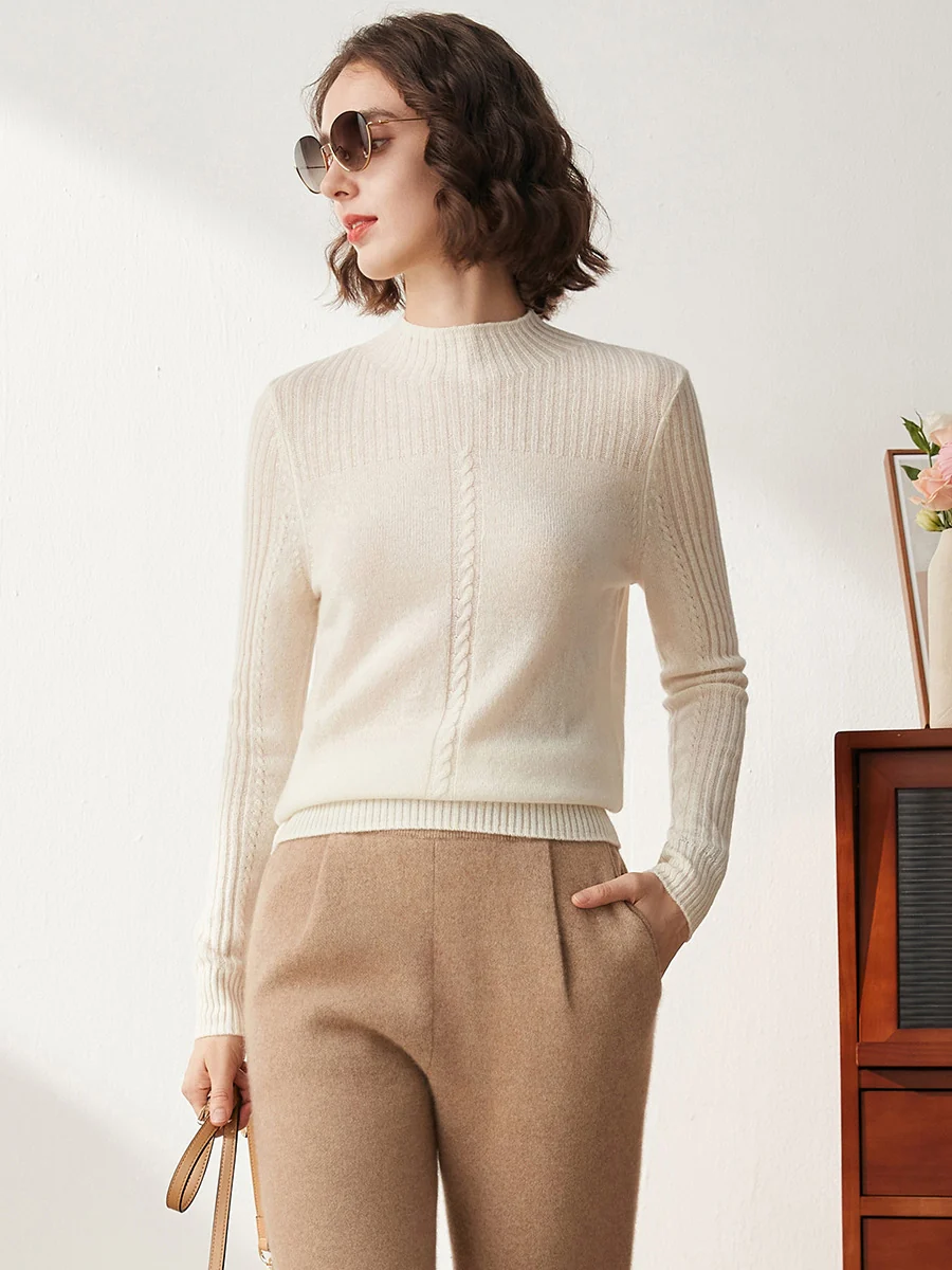 100% Cashmere Women's Mock Neck Cable Knit Sweater - Image 6