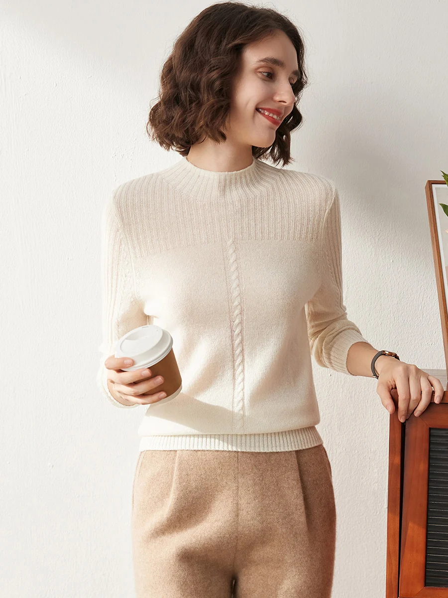 100% Cashmere Women's Mock Neck Cable Knit Sweater - Image 7