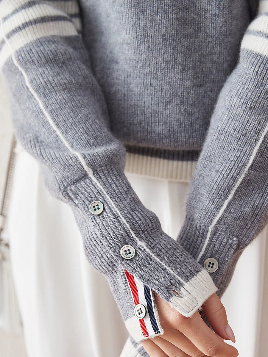 100% Cashmere Women's Striped Sleeve Round Neck Sweater - Image 12