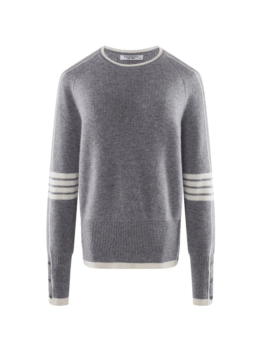 100% Cashmere Women's Striped Sleeve Round Neck Sweater - Image 13