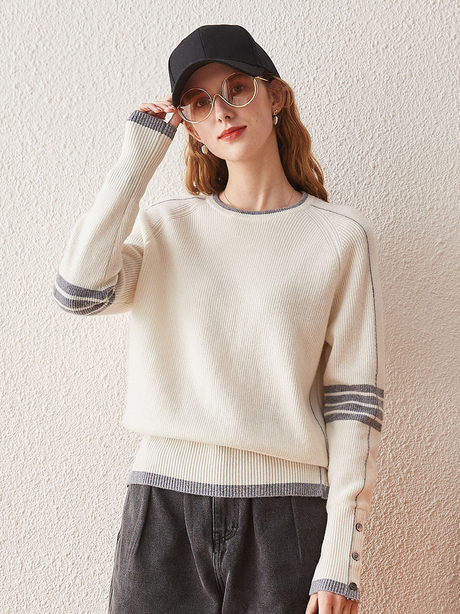 100% Cashmere Women's Striped Sleeve Round Neck Sweater - Image 14