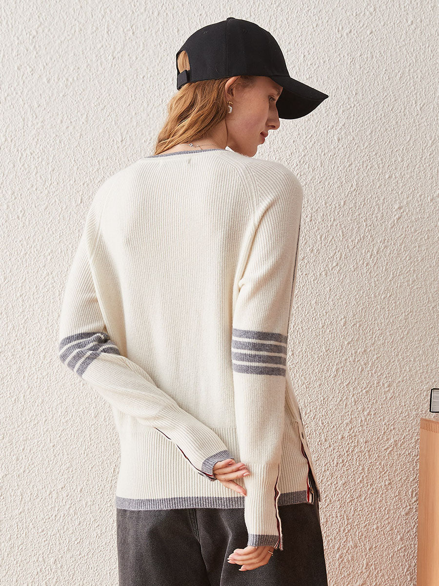 100% Cashmere Women's Striped Sleeve Round Neck Sweater - Image 15