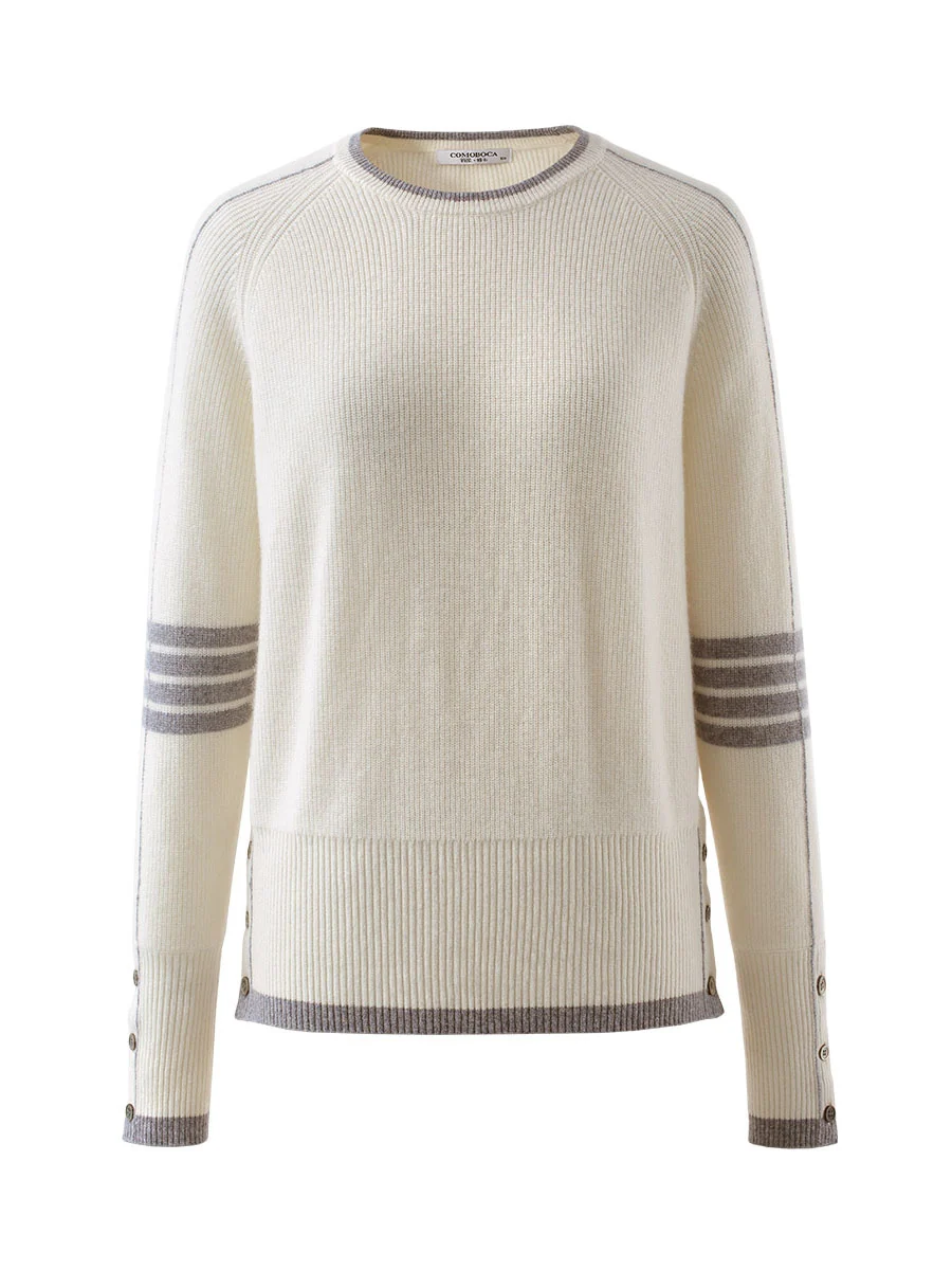 100% Cashmere Women's Striped Sleeve Round Neck Sweater - Image 16