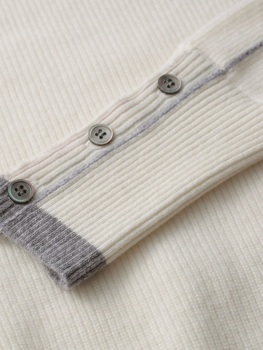 100% Cashmere Women's Striped Sleeve Round Neck Sweater - Image 18