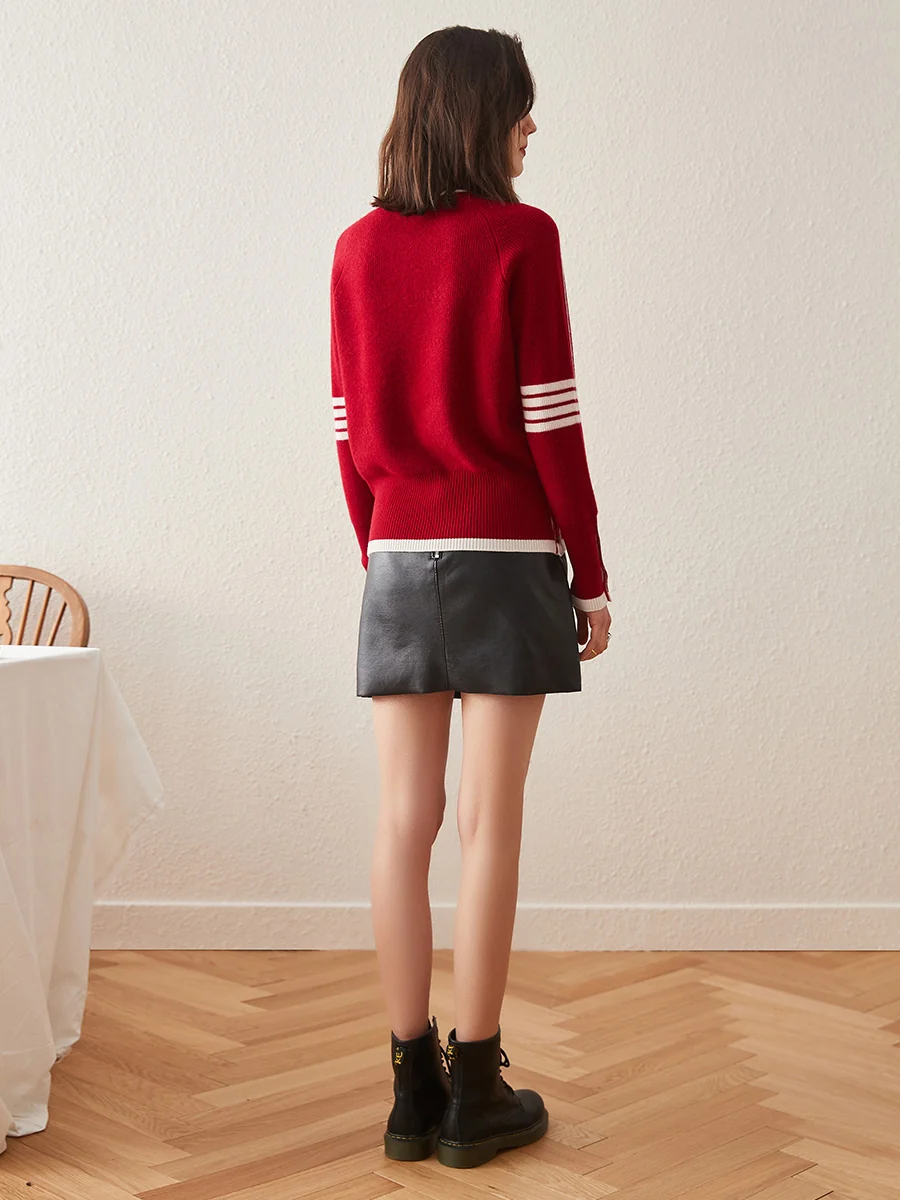 100% Cashmere Women's Striped Sleeve Round Neck Sweater - Image 3