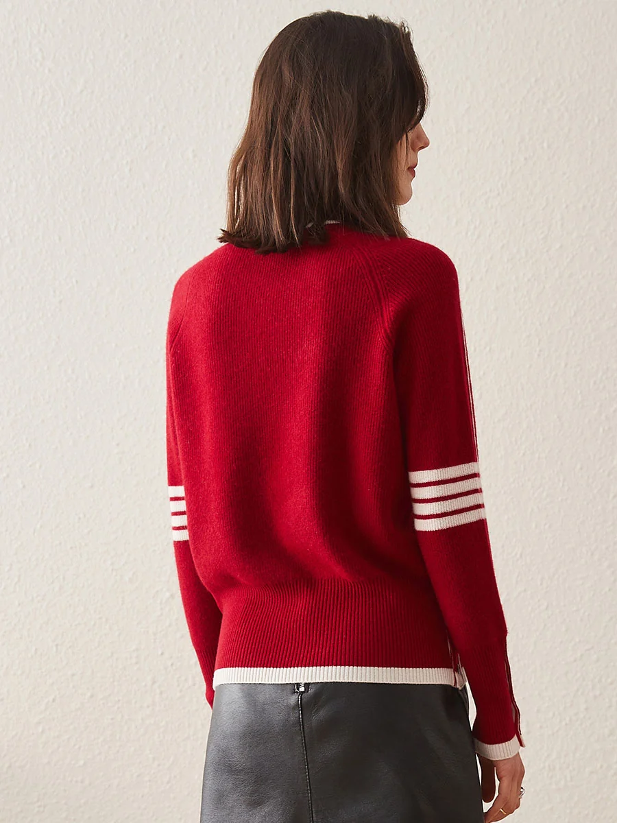 100% Cashmere Women's Striped Sleeve Round Neck Sweater - Image 4
