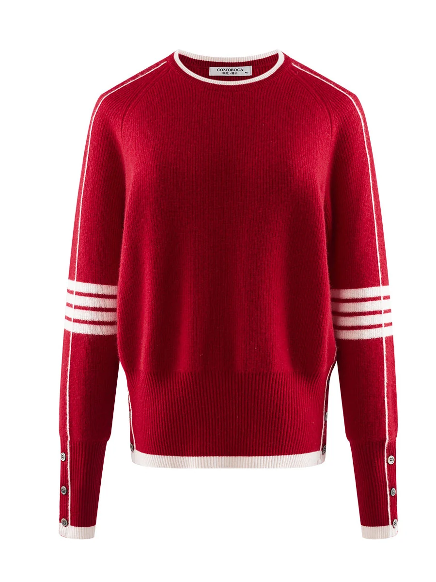 100% Cashmere Women's Striped Sleeve Round Neck Sweater - Image 5