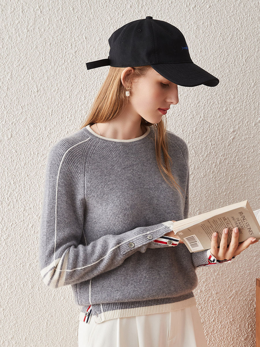 100% Cashmere Women's Striped Sleeve Round Neck Sweater - Image 6