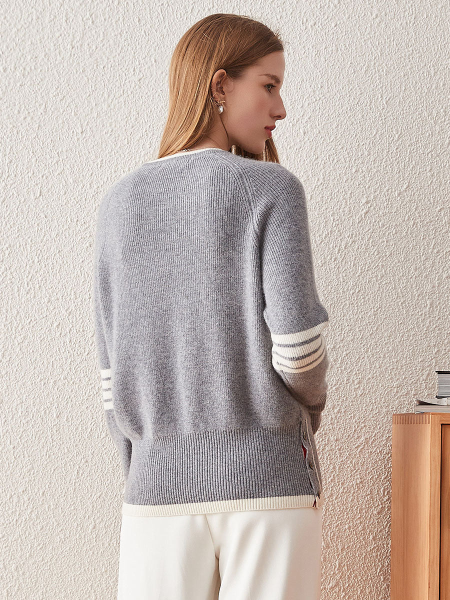 100% Cashmere Women's Striped Sleeve Round Neck Sweater - Image 8