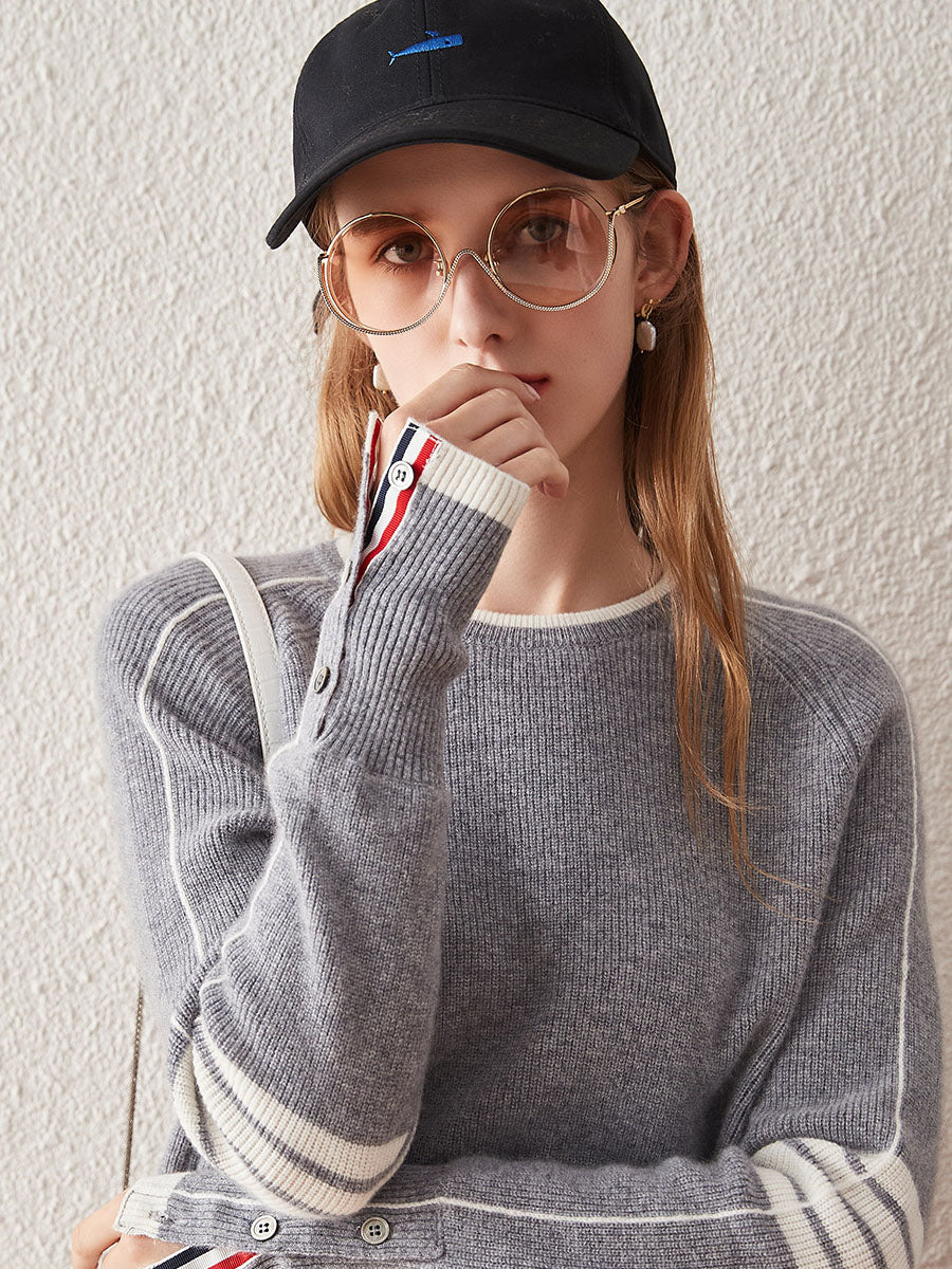 100% Cashmere Women's Striped Sleeve Round Neck Sweater - Image 9