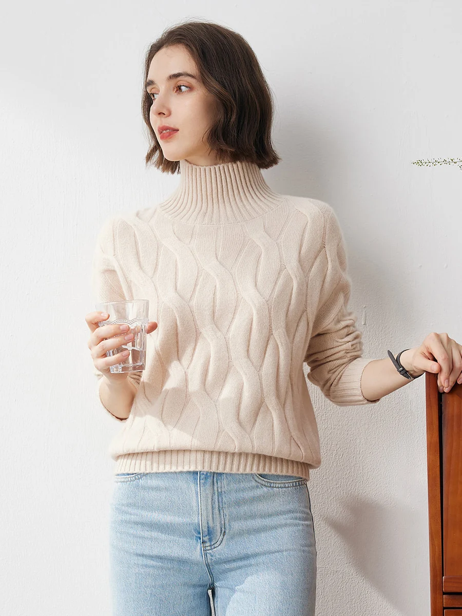 100% Cashmere Women's Turtleneck Cable Knit Sweater - Image 12