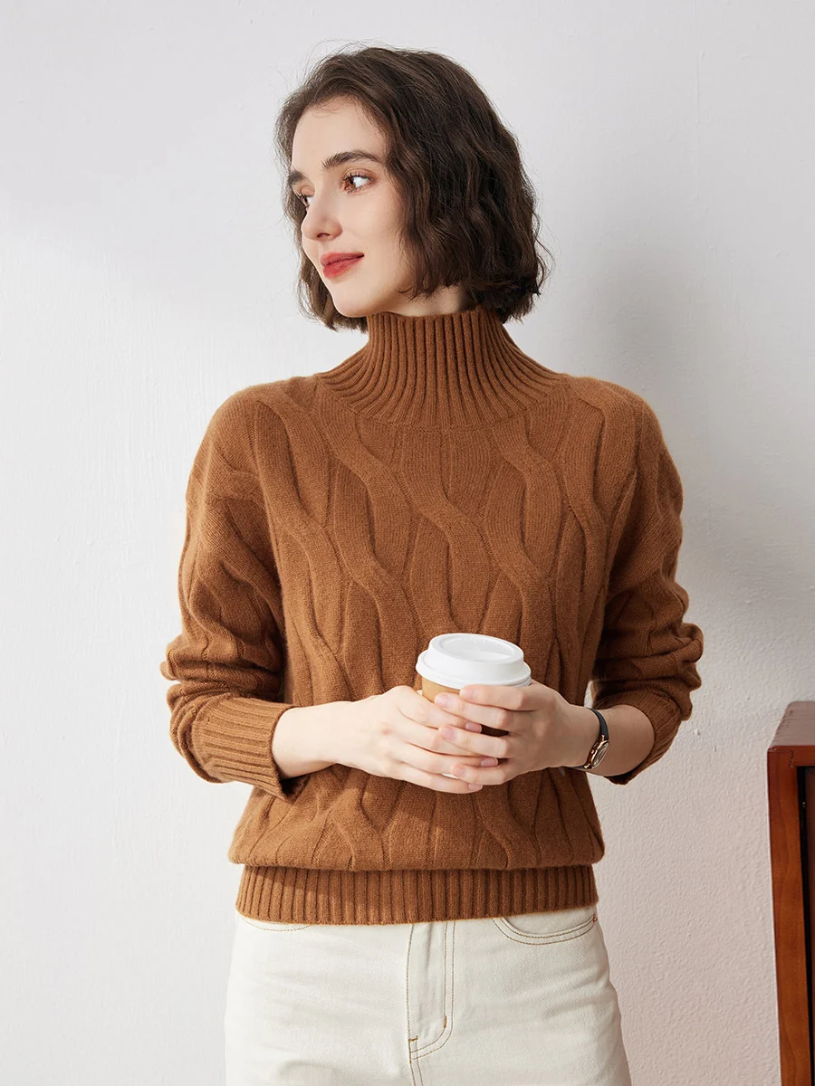 100% Cashmere Women's Turtleneck Cable Knit Sweater - Image 4