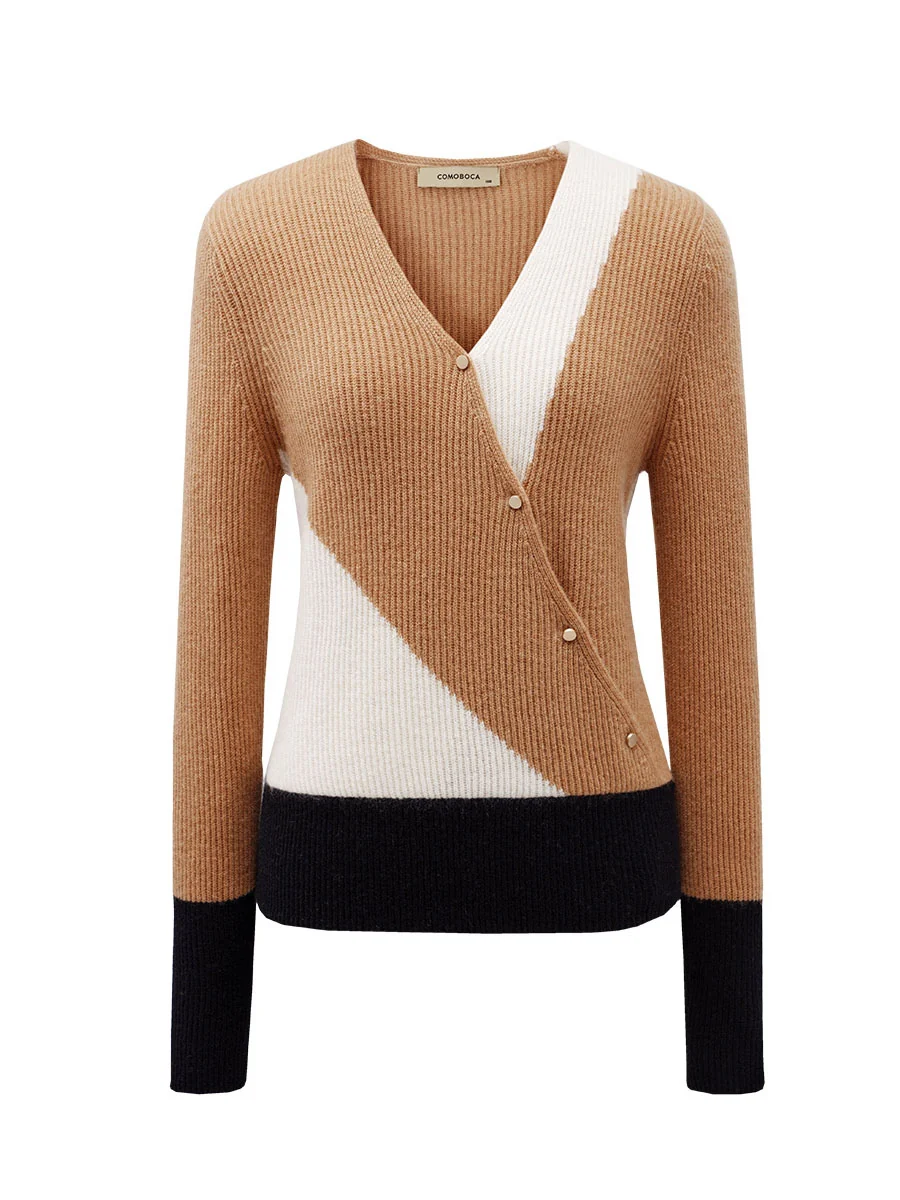 100% Cashmere Women's V-Neck Color Block Faux Sweater - Image 12
