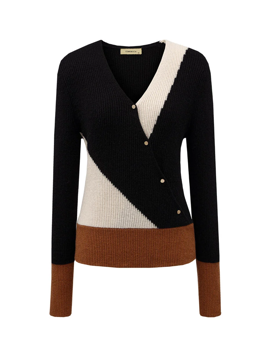 100% Cashmere Women's V-Neck Color Block Faux Sweater - Image 4