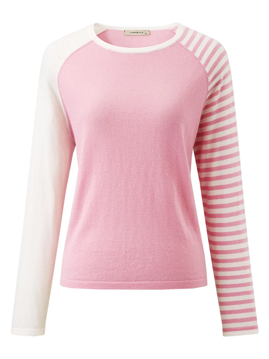 100% Wool Women's Striped Sleeve Contrast Knit Worsted Sweater - Image 3