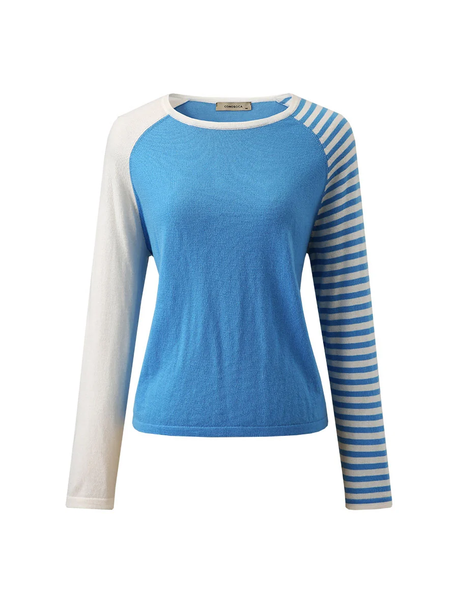 100% Wool Women's Striped Sleeve Contrast Knit Worsted Sweater - Image 6