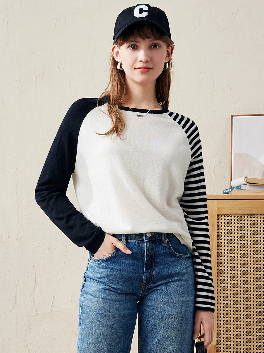 100% Wool Women's Striped Sleeve Contrast Knit Worsted Sweater - Image 7