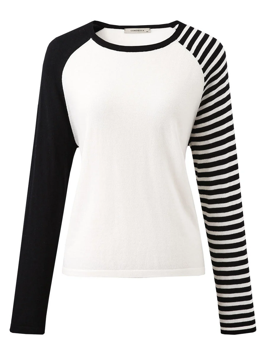 100% Wool Women's Striped Sleeve Contrast Knit Worsted Sweater - Image 9