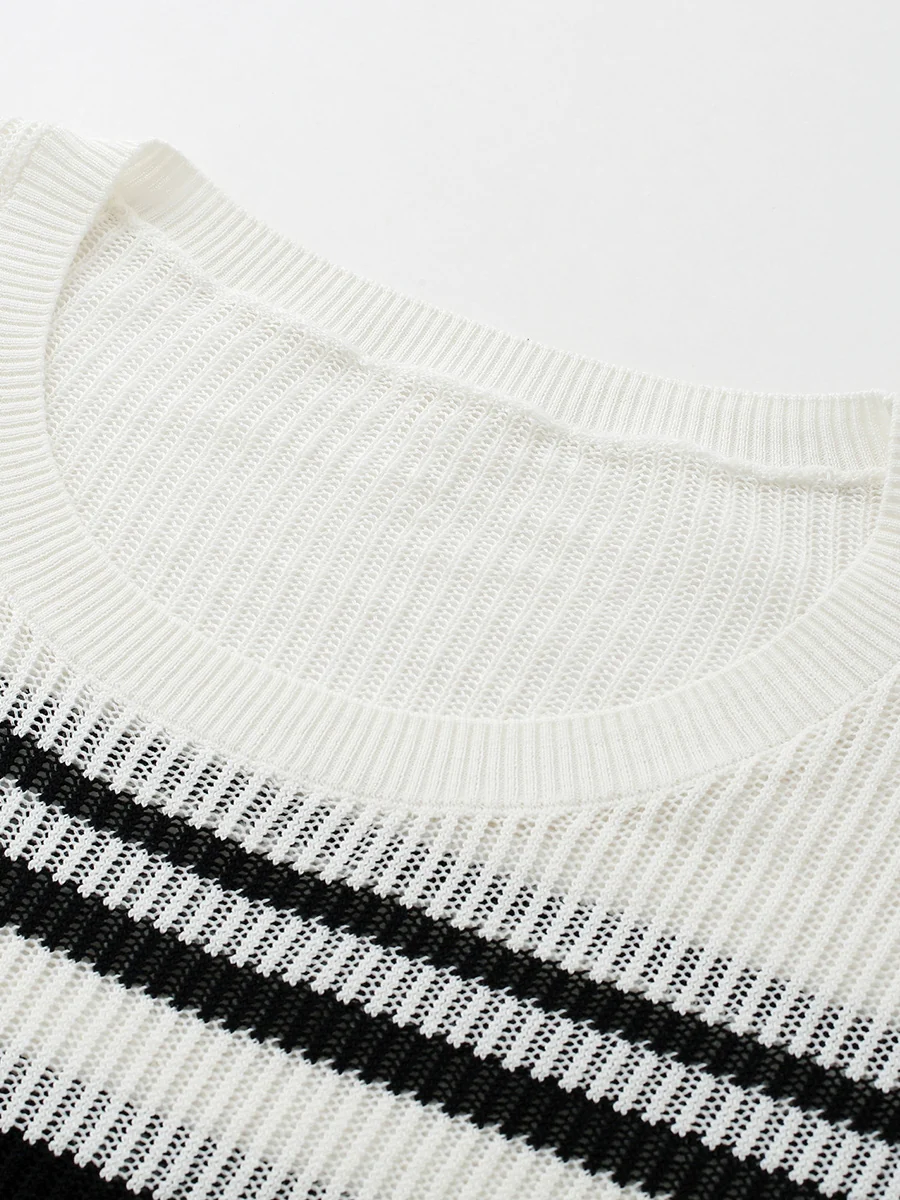 Women's Asymmetric Stripe Mesh Knit Round Neck Sweater - Image 10