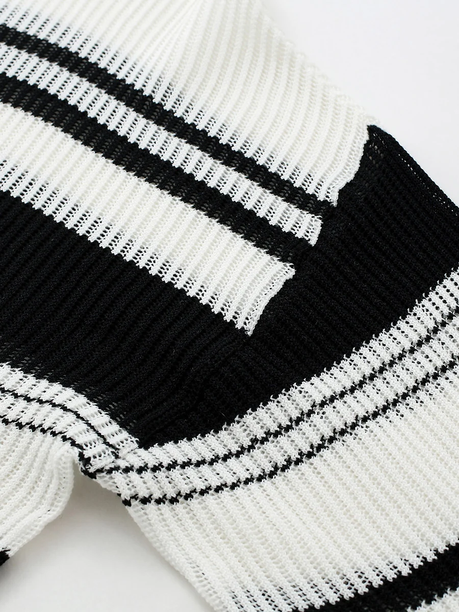 Women's Asymmetric Stripe Mesh Knit Round Neck Sweater - Image 11