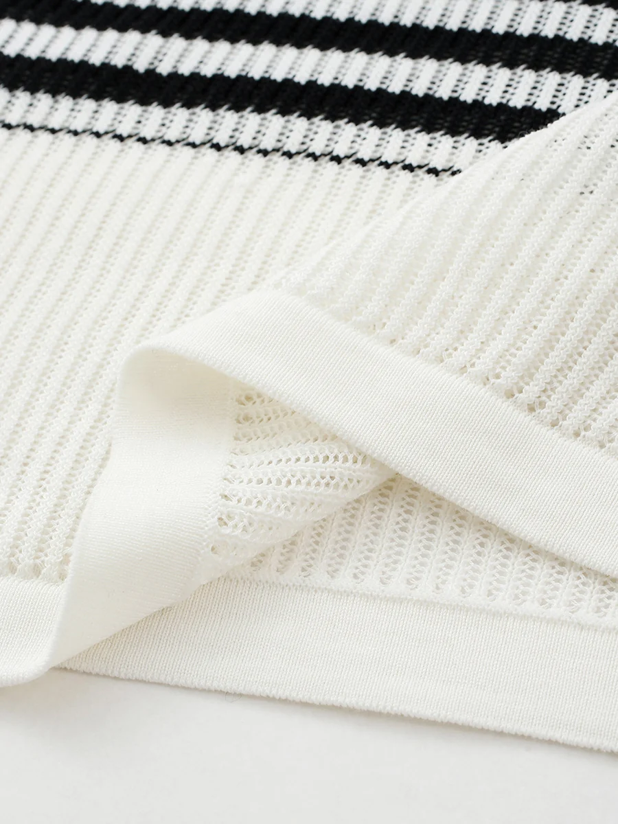 Women's Asymmetric Stripe Mesh Knit Round Neck Sweater - Image 12