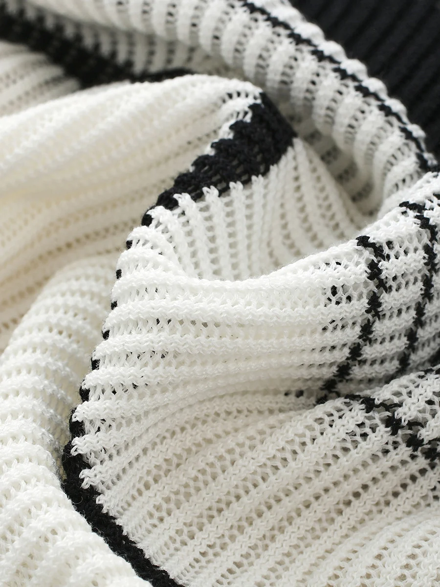Women's Asymmetric Stripe Mesh Knit Round Neck Sweater - Image 13