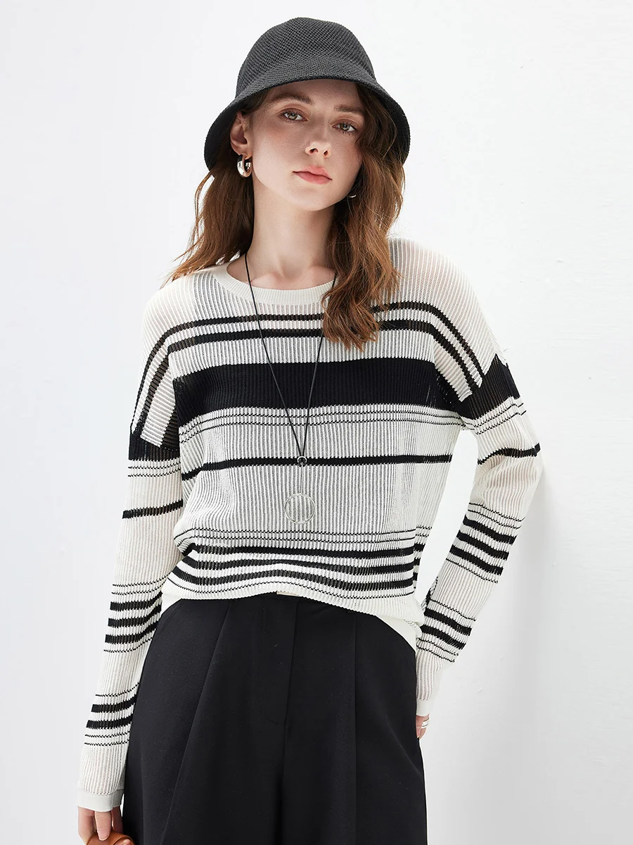 Women's Asymmetric Stripe Mesh Knit Round Neck Sweater - Image 3