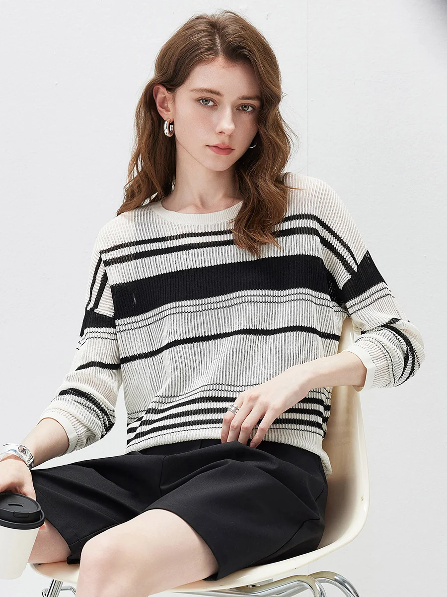 Women's Asymmetric Stripe Mesh Knit Round Neck Sweater - Image 4