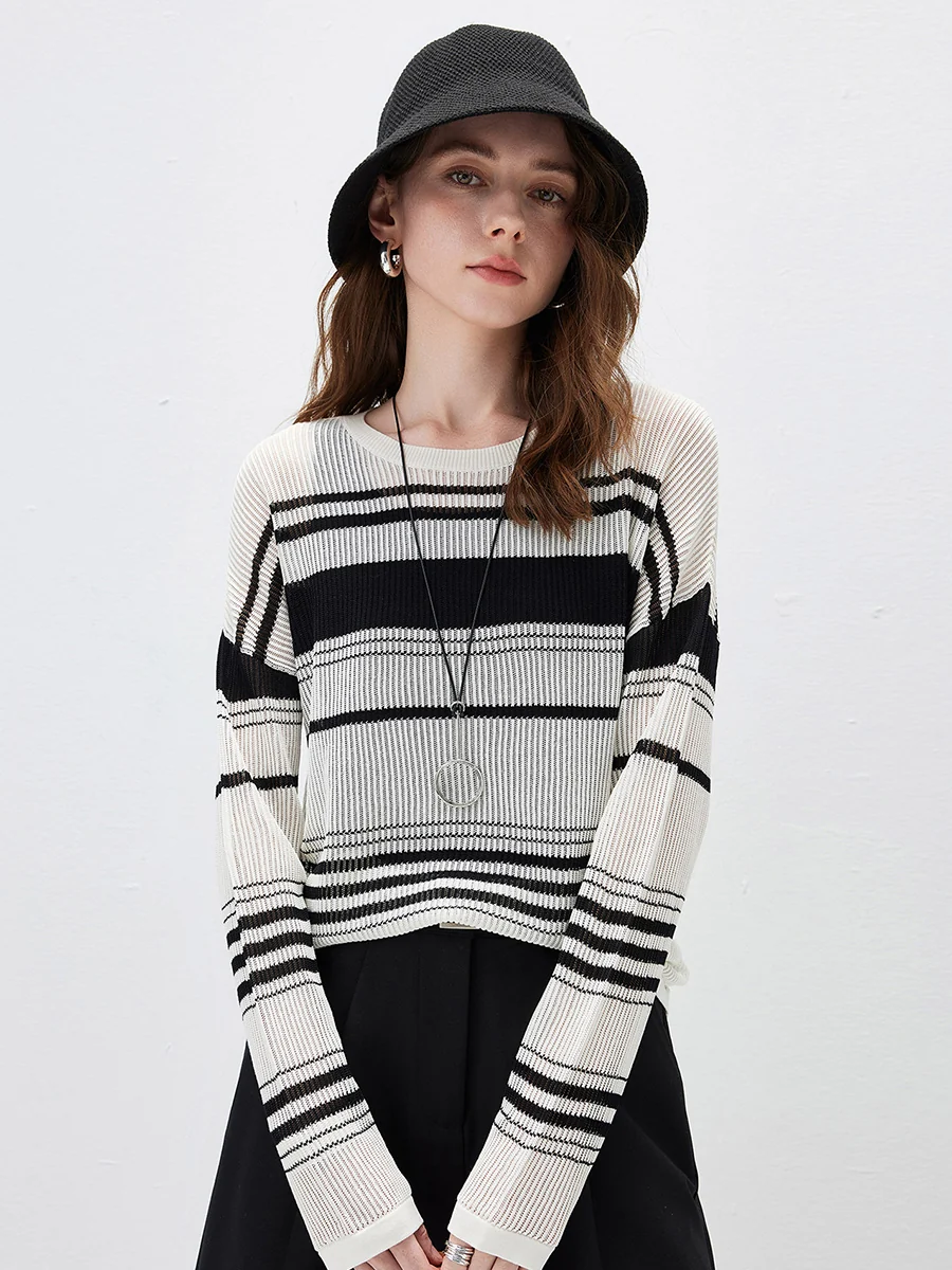 Women's Asymmetric Stripe Mesh Knit Round Neck Sweater - Image 5