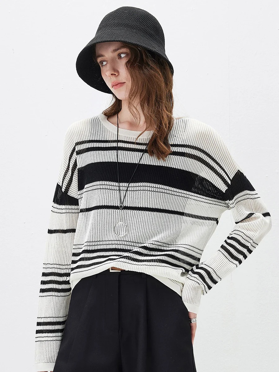 Women's Asymmetric Stripe Mesh Knit Round Neck Sweater - Image 6