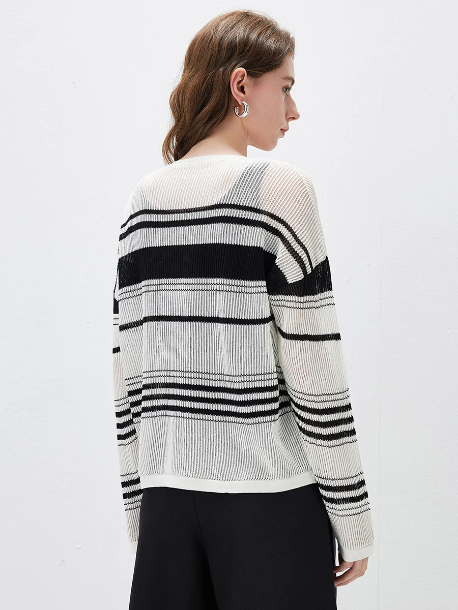 Women's Asymmetric Stripe Mesh Knit Round Neck Sweater - Image 7