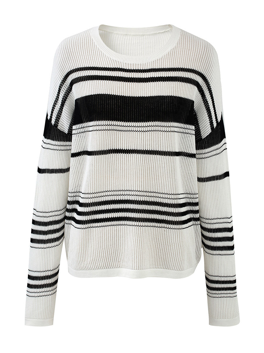 Women's Asymmetric Stripe Mesh Knit Round Neck Sweater - Image 8