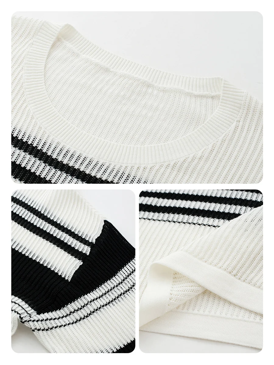 Women's Asymmetric Stripe Mesh Knit Round Neck Sweater - Image 9