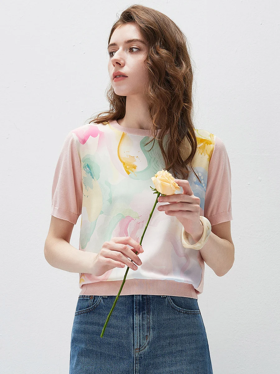 Women's Floral Print Panel Knit T-Shirt - Image 3