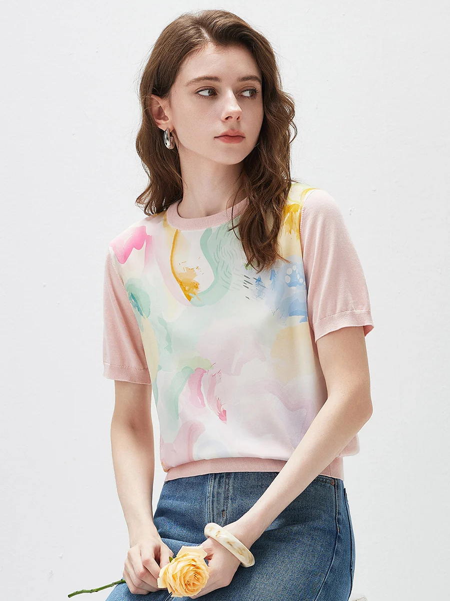 Women's Floral Print Panel Knit T-Shirt - Image 4