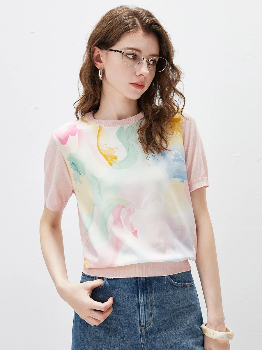 Women's Floral Print Panel Knit T-Shirt - Image 5