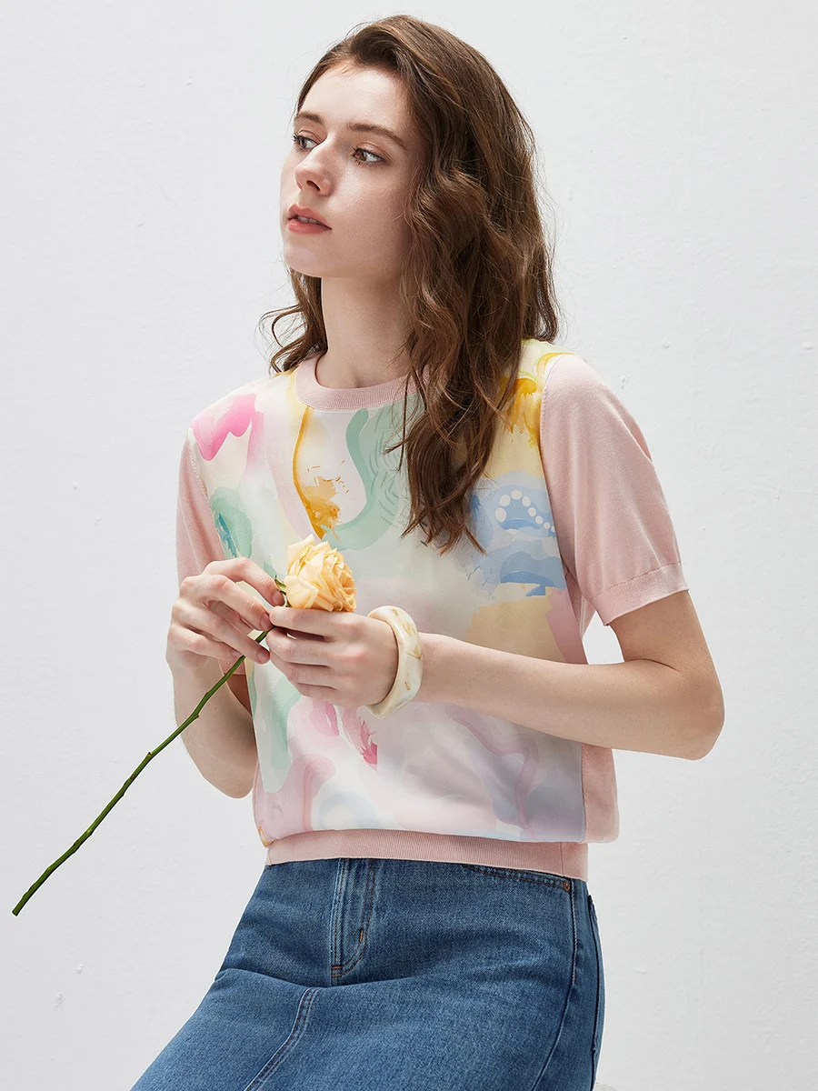 Women's Floral Print Panel Knit T-Shirt - Image 6