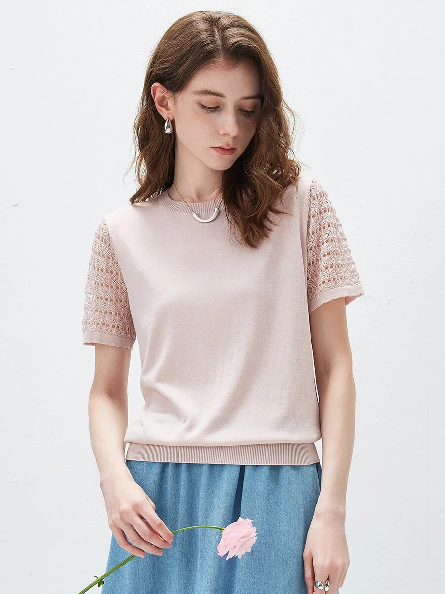 Women's Lace Round Neck Knit T-Shirt - Image 16
