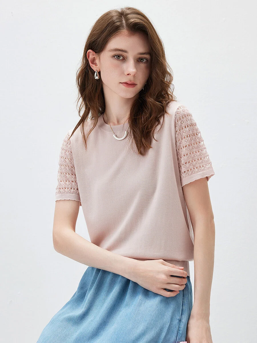 Women's Lace Round Neck Knit T-Shirt - Image 18