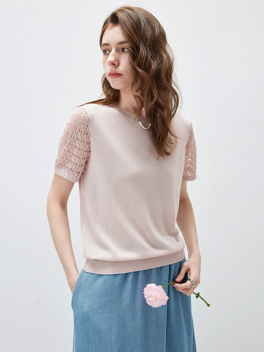 Women's Lace Round Neck Knit T-Shirt - Image 19
